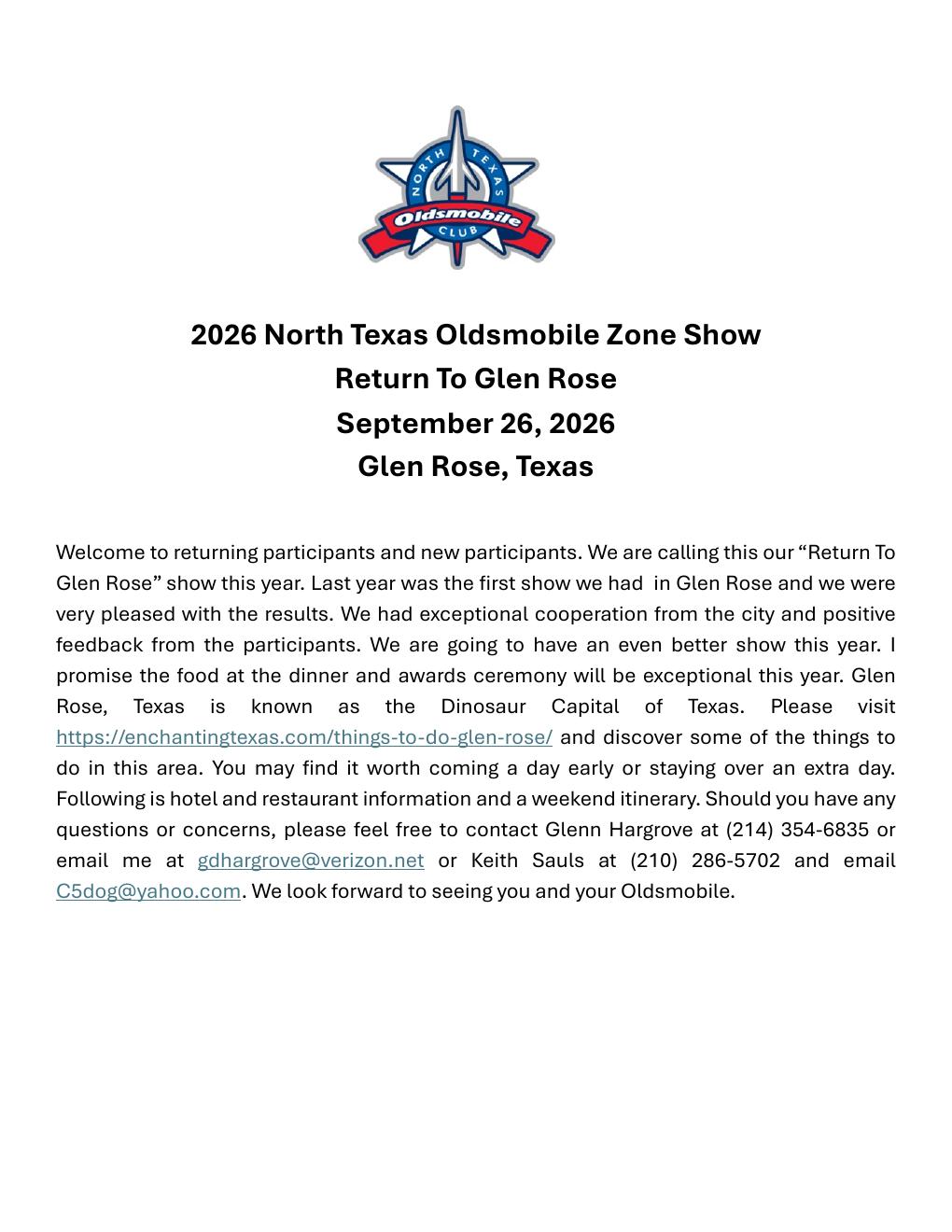 North Texas Oldsmobile Club Zone Show — Return to Glen Rose (overview) flyer