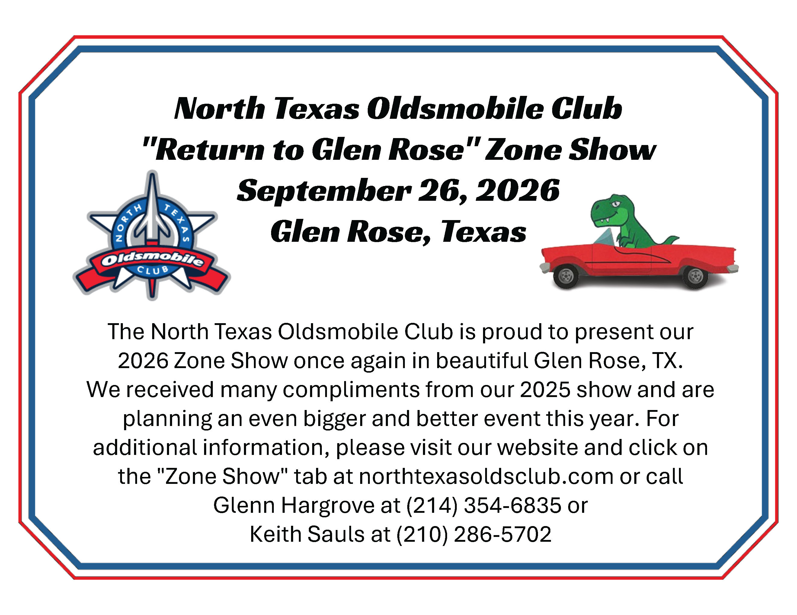 North Texas Oldsmobile Club Zone Show — Return to Glen Rose flyer